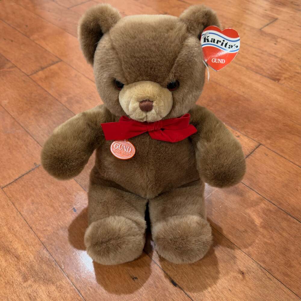 Vintage Gund Karitas Tender Teddy Bear 16-inch Brown Plush with Red Bow